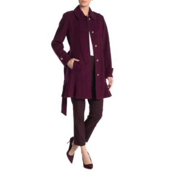 SOLD Kate spade New York Womens Eggplant Wool Blend Belted Flare Hem Coat Sz M